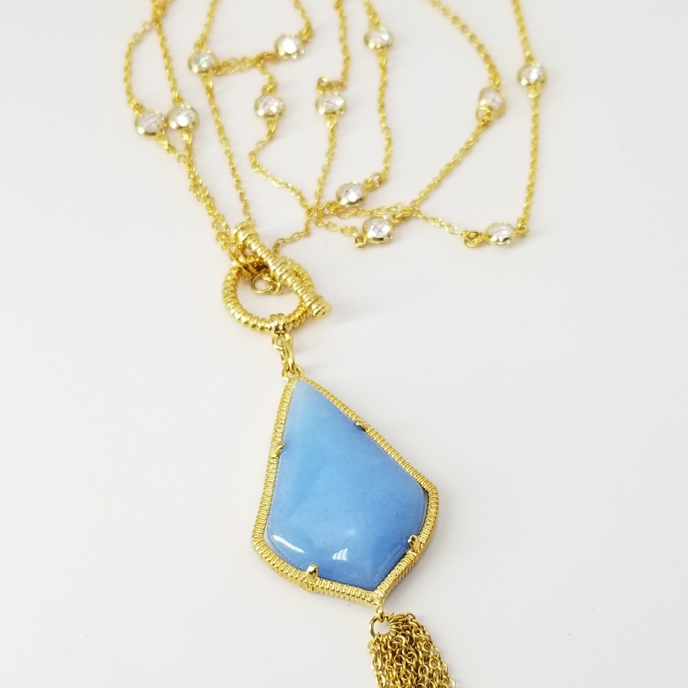 2 Ways Tassel Blue Agate CZ Necklace NWT - Picture 8 of 10